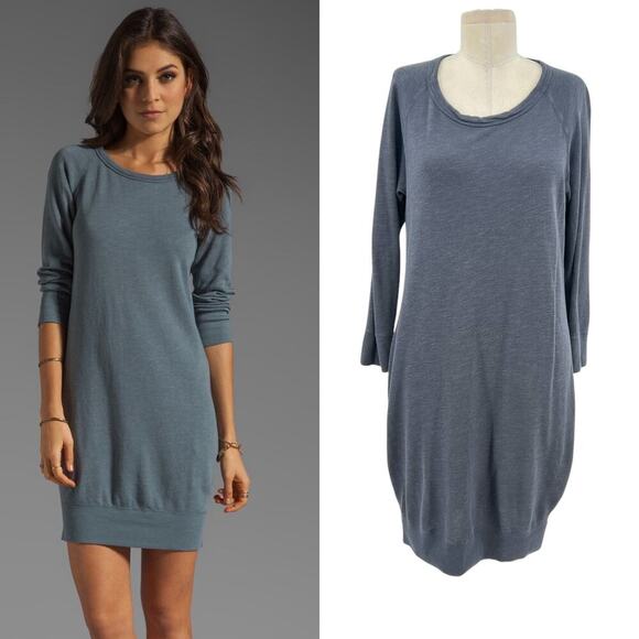 James Perse Raglan Sweatshirt Dress Long‎ Sleeve Terry Tempest Blue Size 3 Large - Picture 1 of 9